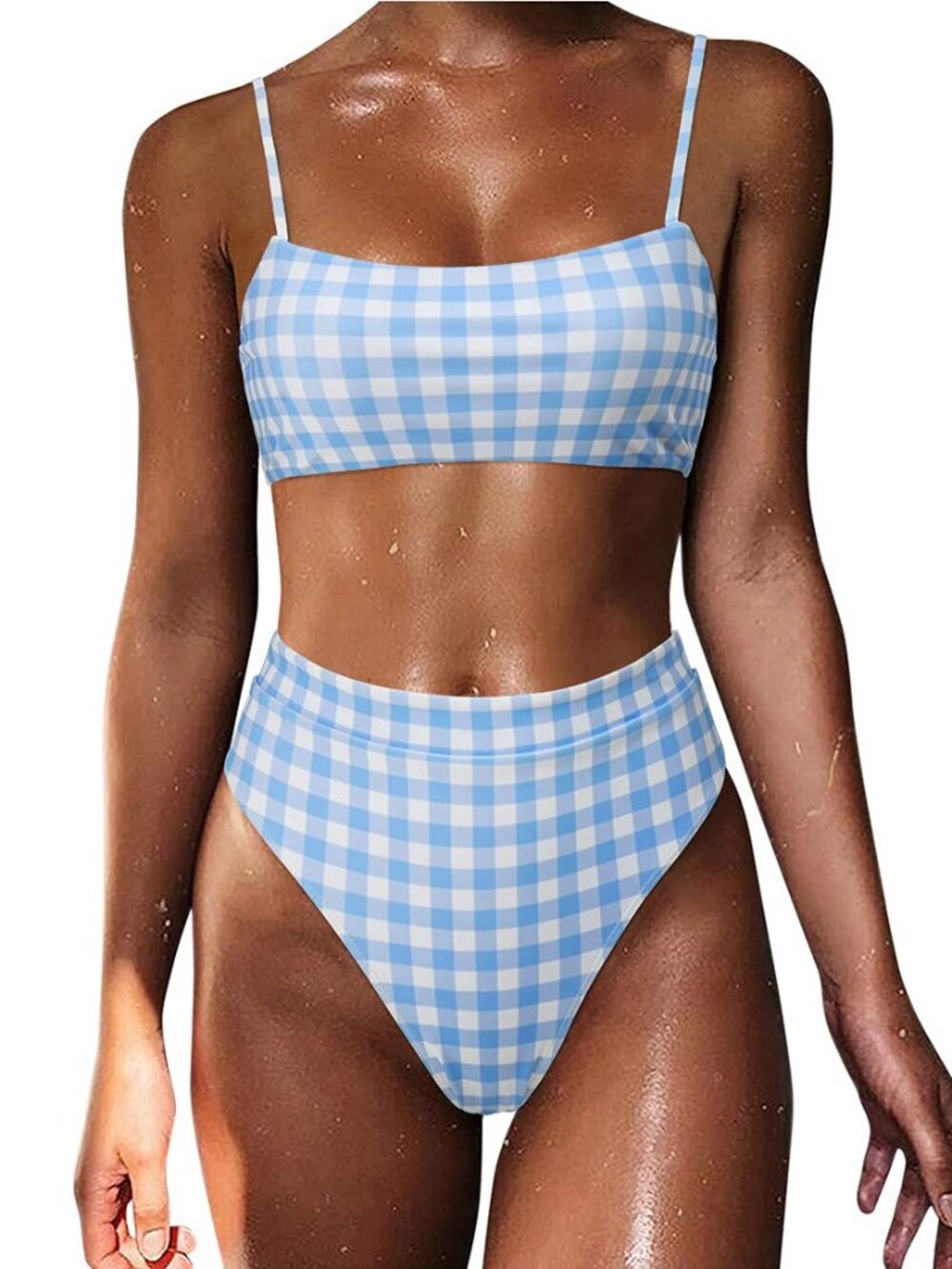 Women Bandeau High Waisted Bikini Push Up High Cut Swimsuits M Blue Gingham